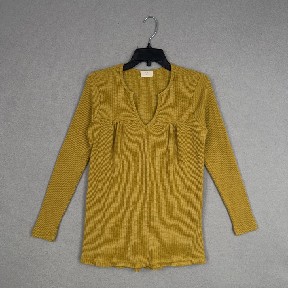 T.la Shirt Womens Small Yellow Waffle Knit Thermal Long Sleeve Tunic Top Boho
